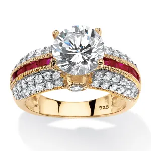 14K Yellow Gold over Sterling Silver Round Cubic Zirconia and Emerald Cut Red Ruby Engagement Ring