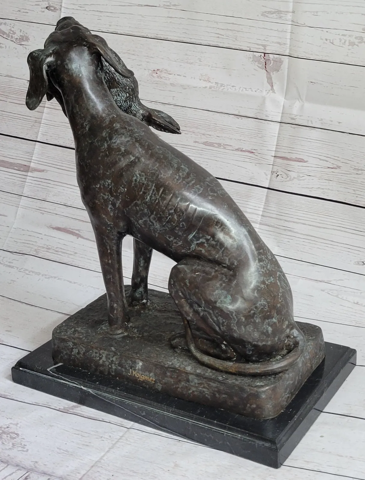 40 cm Western Art Deco pure Bronze hunting dog catch hunt rabbit hare Sculpture