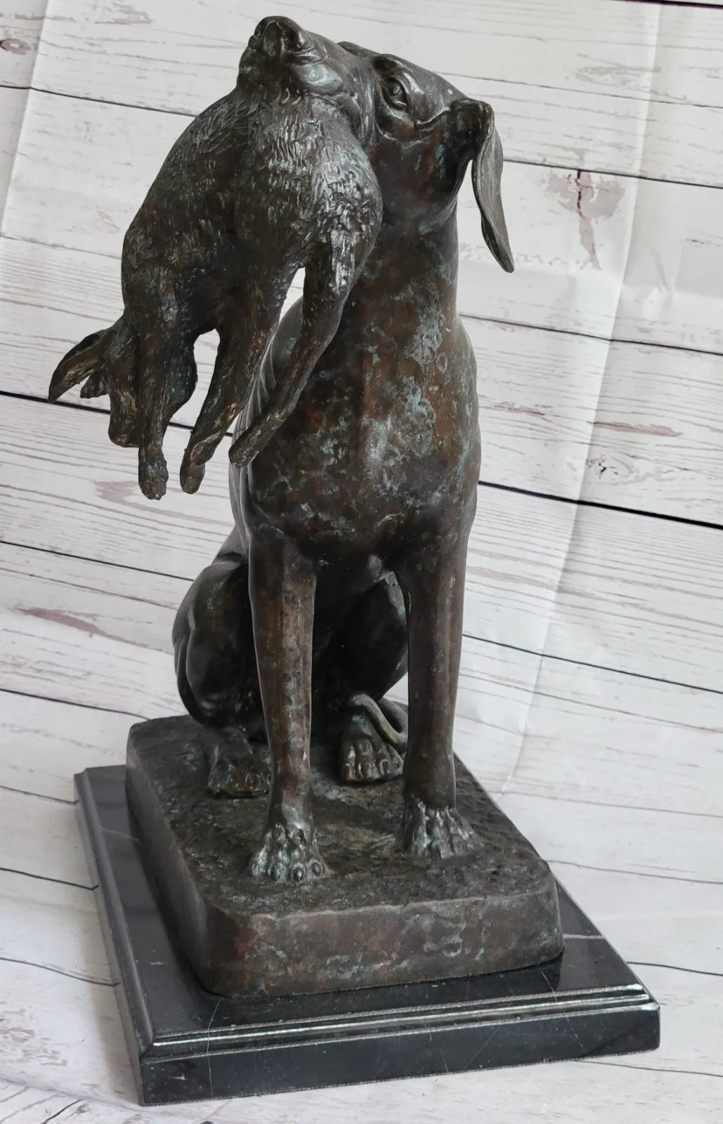 40 cm Western Art Deco pure Bronze hunting dog catch hunt rabbit hare Sculpture