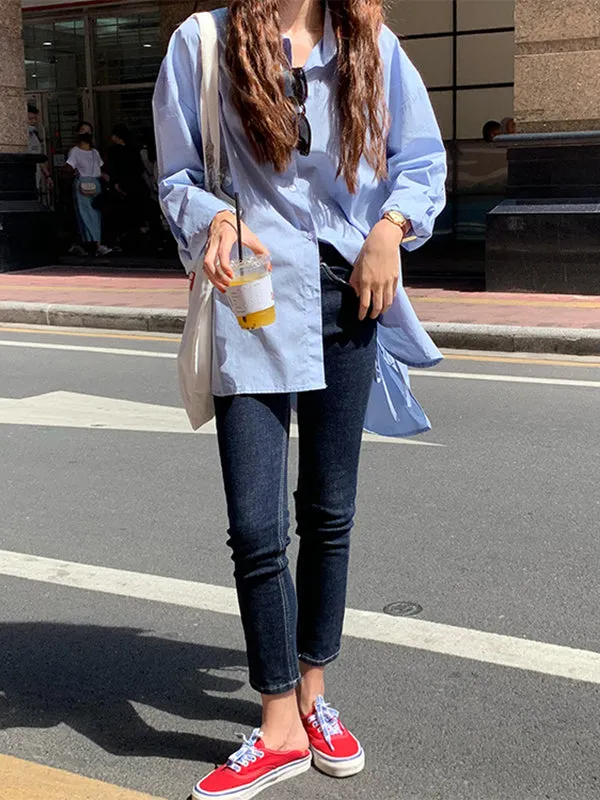 Casual Long Sleeves Loose Buttoned Tied Split-Side Solid Color Lapel Collar Blouses&Shirts Tops