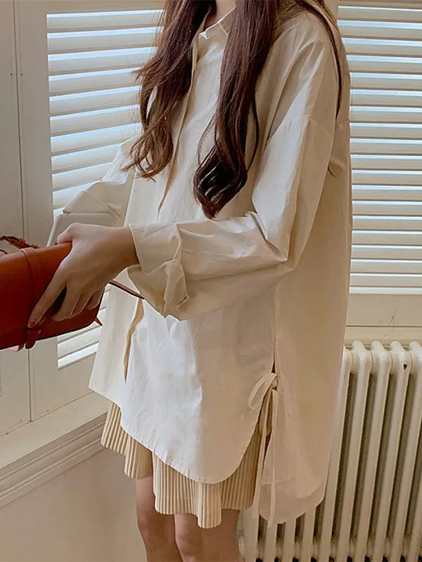 Casual Long Sleeves Loose Buttoned Tied Split-Side Solid Color Lapel Collar Blouses&Shirts Tops