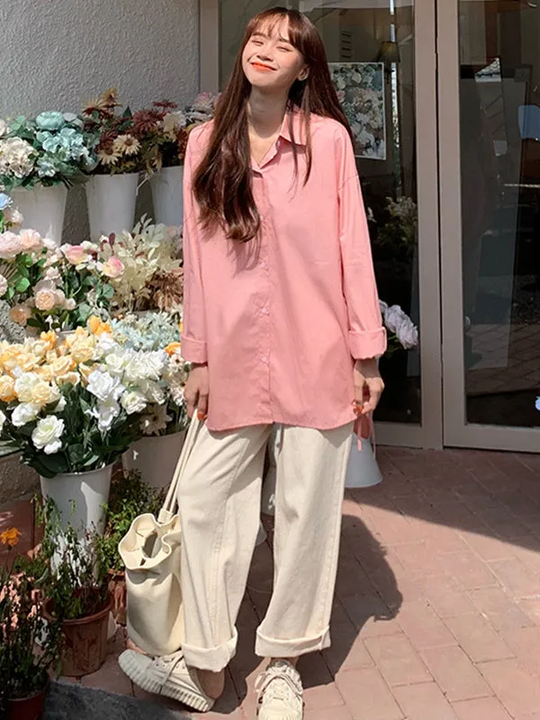 Casual Long Sleeves Loose Buttoned Tied Split-Side Solid Color Lapel Collar Blouses&Shirts Tops