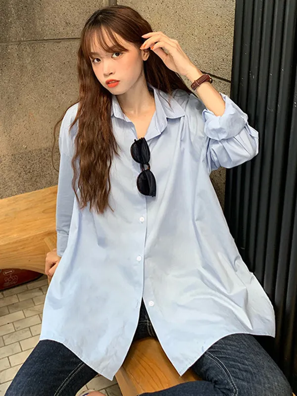 Casual Long Sleeves Loose Buttoned Tied Split-Side Solid Color Lapel Collar Blouses&Shirts Tops