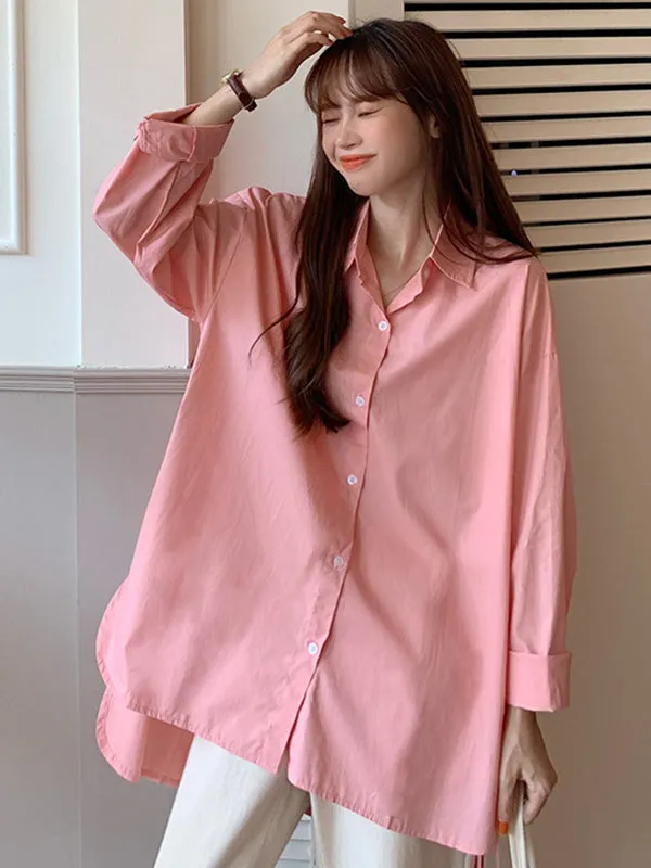 Casual Long Sleeves Loose Buttoned Tied Split-Side Solid Color Lapel Collar Blouses&Shirts Tops