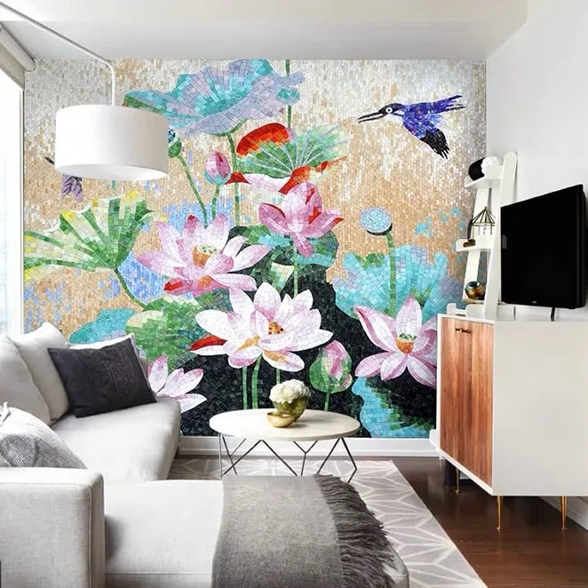 Custom Luxury Glass Mosaic Mural Chinese Style Lotus