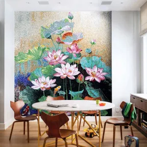 Custom Luxury Glass Mosaic Mural Chinese Style Lotus