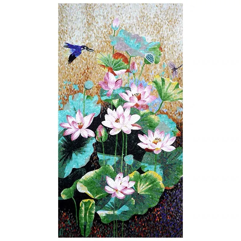 Custom Luxury Glass Mosaic Mural Chinese Style Lotus