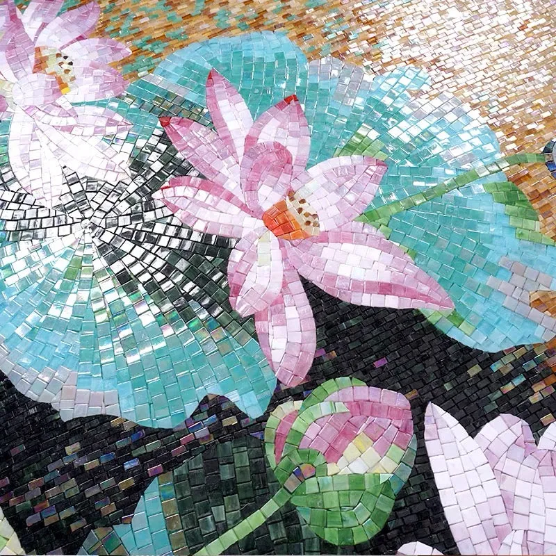 Custom Luxury Glass Mosaic Mural Chinese Style Lotus