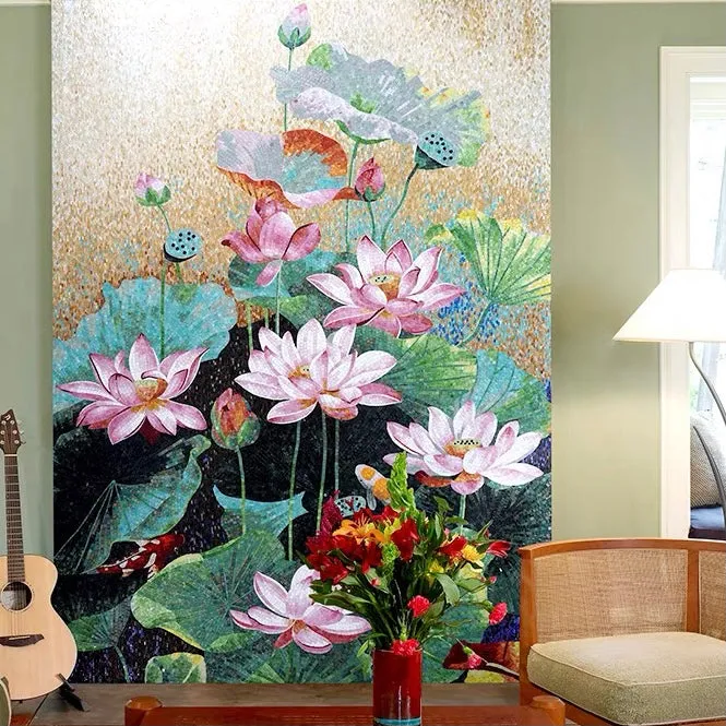 Custom Luxury Glass Mosaic Mural Chinese Style Lotus