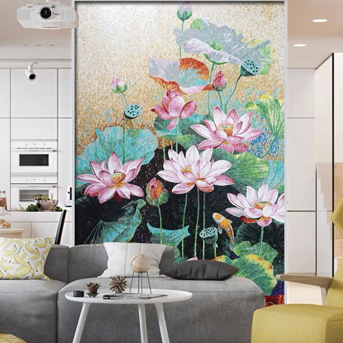 Custom Luxury Glass Mosaic Mural Chinese Style Lotus