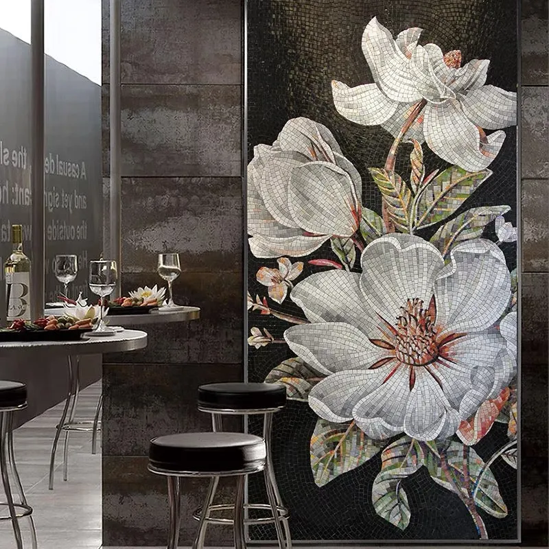 Custom Luxury Glass Mosaic Retro Floral Mural Black and White