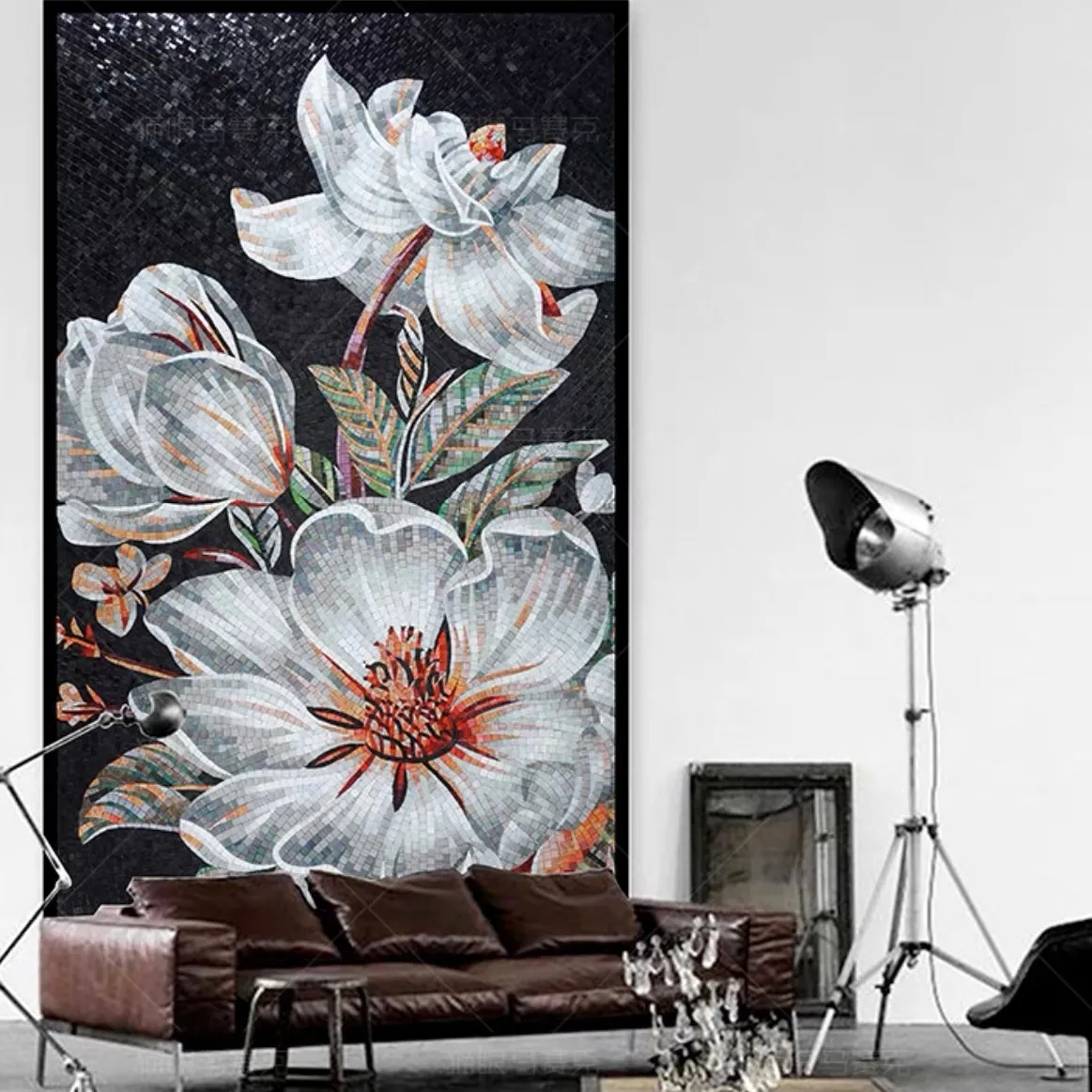 Custom Luxury Glass Mosaic Retro Floral Mural Black and White