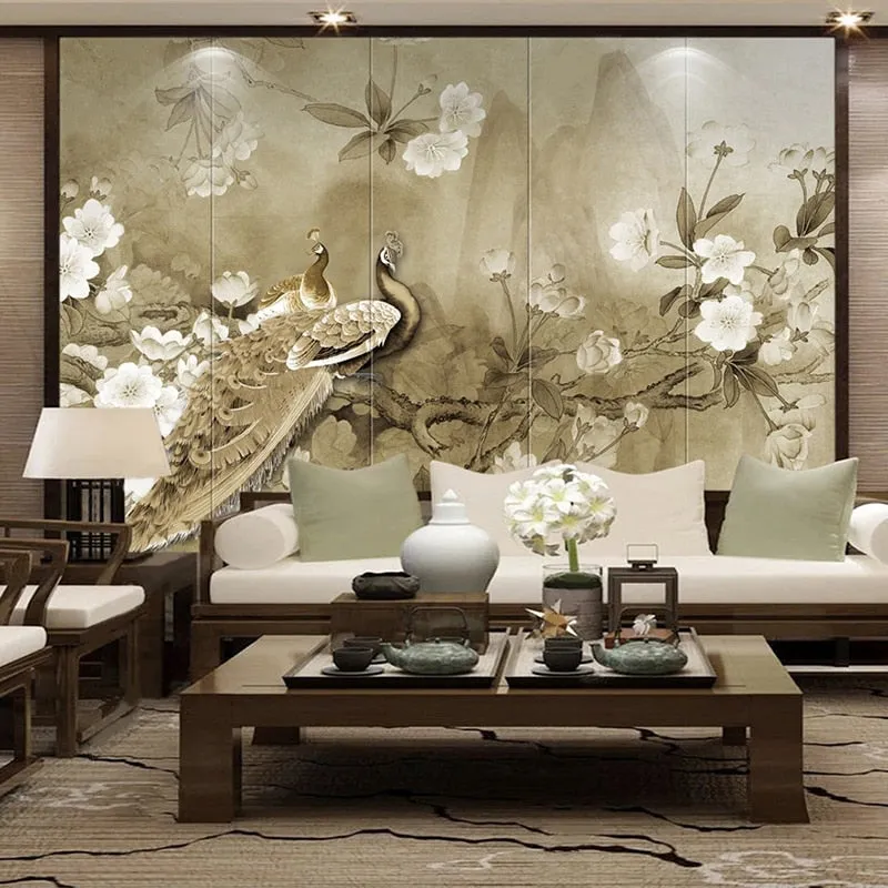 Custom Mural Wallpaper Chinese Style Classic Peacock Flowers (㎡)