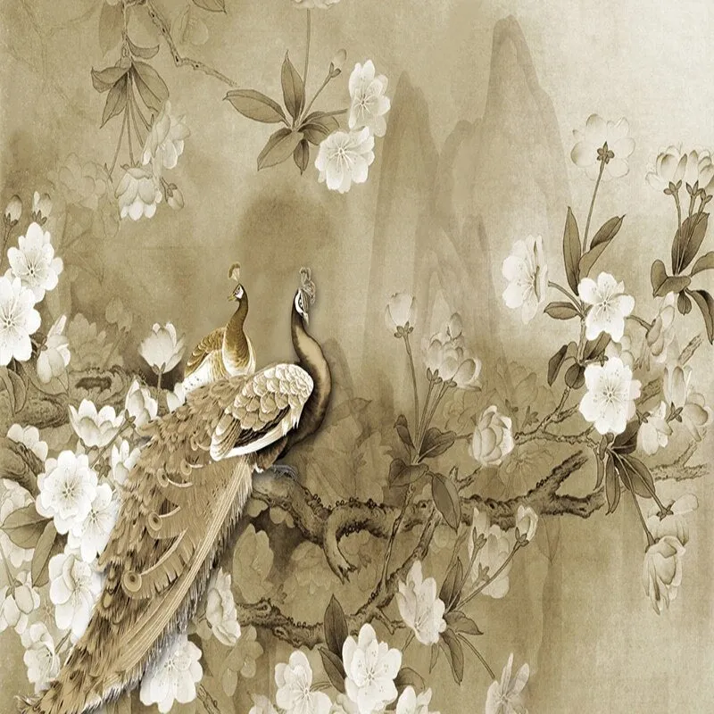 Custom Mural Wallpaper Chinese Style Classic Peacock Flowers (㎡)