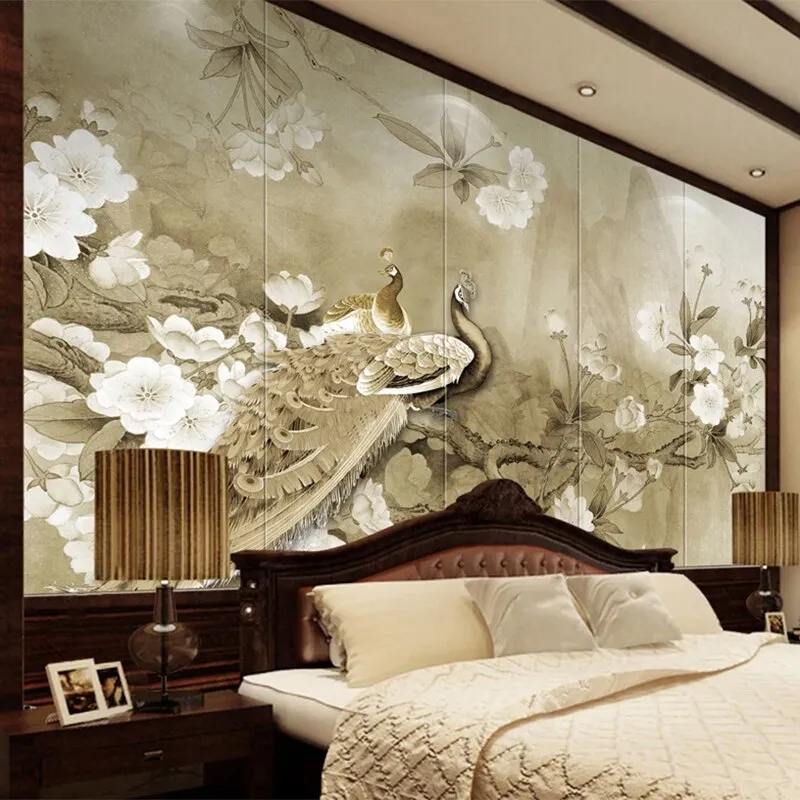 Custom Mural Wallpaper Chinese Style Classic Peacock Flowers (㎡)