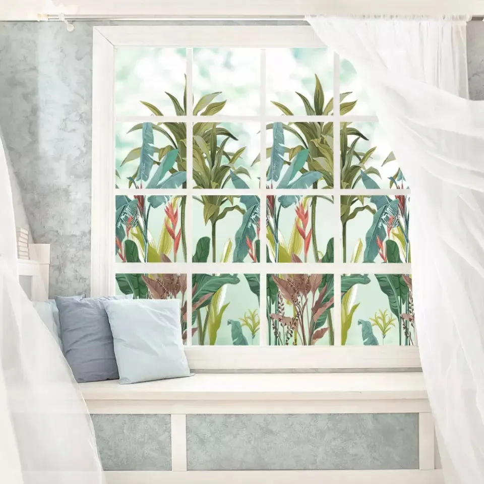 Decorative Static Glass Film Tropical Leaves Privacy Window Film