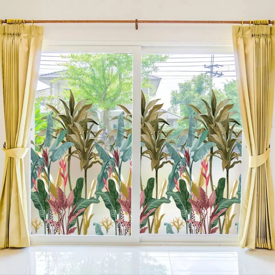 Decorative Static Glass Film Tropical Leaves Privacy Window Film