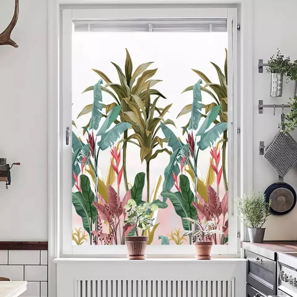 Decorative Static Glass Film Tropical Leaves Privacy Window Film