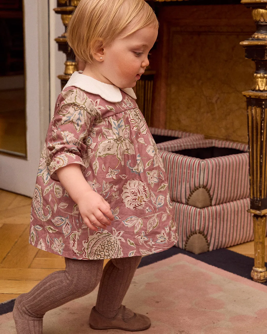 Dusty Pink Fall Floral Dress with Corduroy Collar