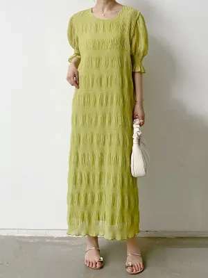 Flared Sleeves Half Sleeves Pleated Solid Color Round-Neck Midi Dresses