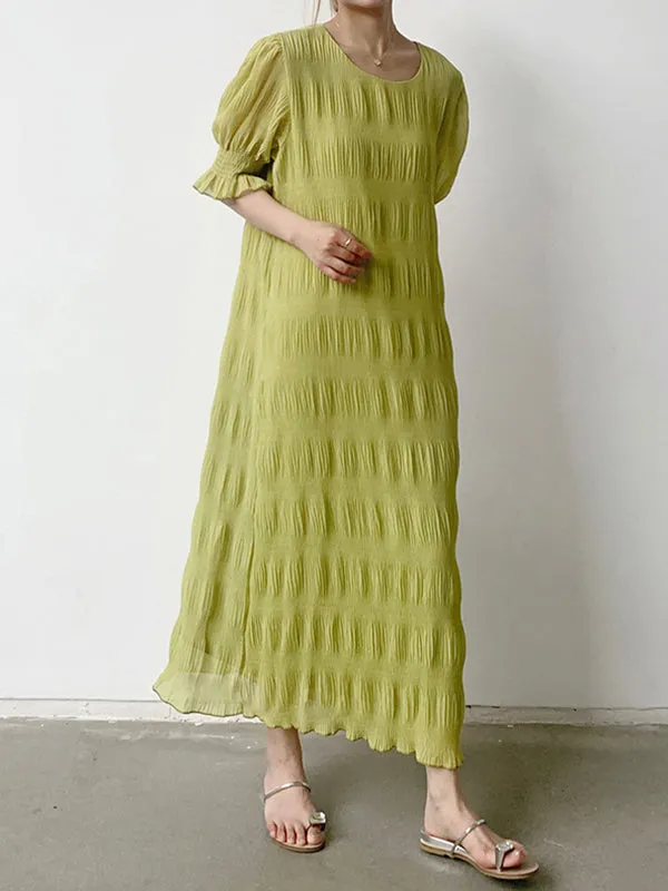 Flared Sleeves Half Sleeves Pleated Solid Color Round-Neck Midi Dresses