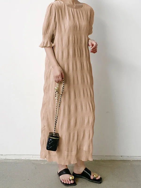 Flared Sleeves Half Sleeves Pleated Solid Color Round-Neck Midi Dresses