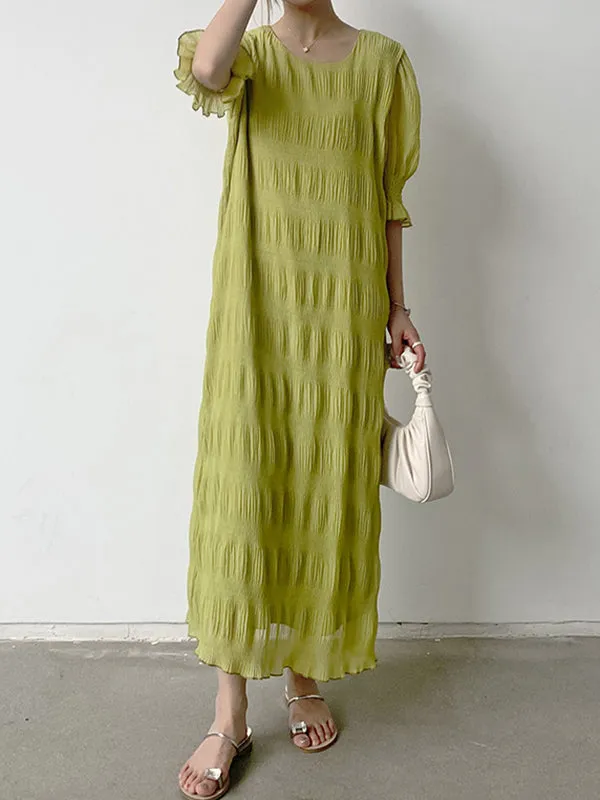 Flared Sleeves Half Sleeves Pleated Solid Color Round-Neck Midi Dresses