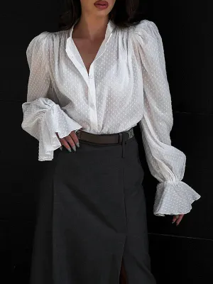 Flared Sleeves Loose Jacquard Pleated Solid Color Split-Joint Stand Collar Blouses