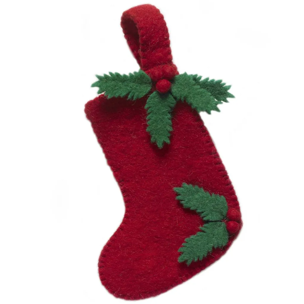 Handmade Felt Red Holly Leaf Stocking Christmas Ornament