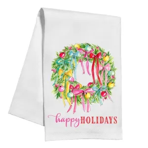 Happy Holidays Wreath Ornaments and Bows Kitchen Towel