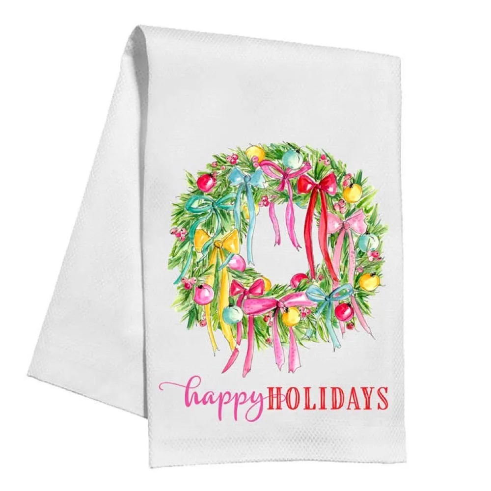 Happy Holidays Wreath Ornaments and Bows Kitchen Towel