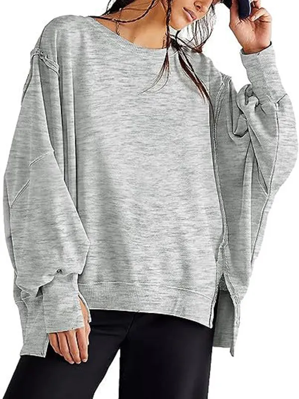 High-Low Long Sleeves Fringed Solid Color Split-Joint Split-Side Round-Neck Sweatershirt