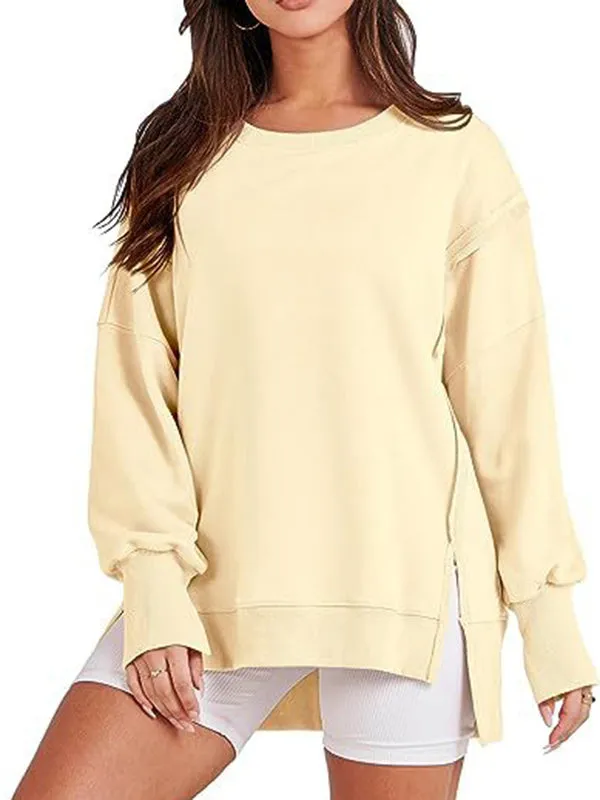 High-Low Long Sleeves Fringed Solid Color Split-Joint Split-Side Round-Neck Sweatershirt