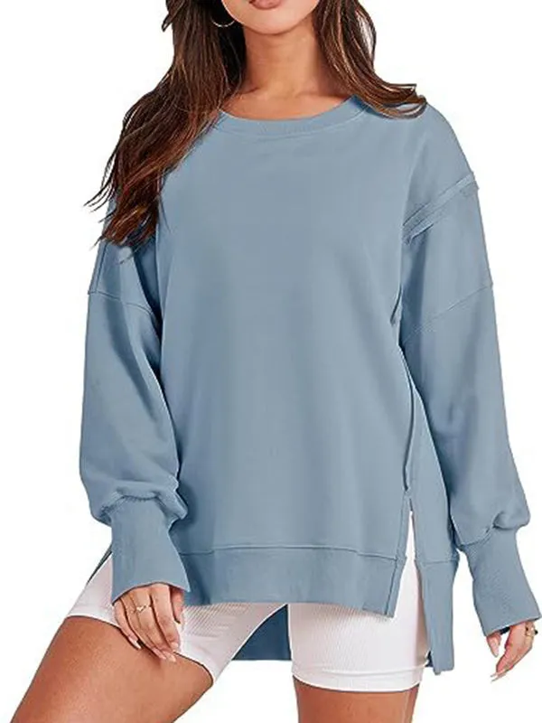 High-Low Long Sleeves Fringed Solid Color Split-Joint Split-Side Round-Neck Sweatershirt