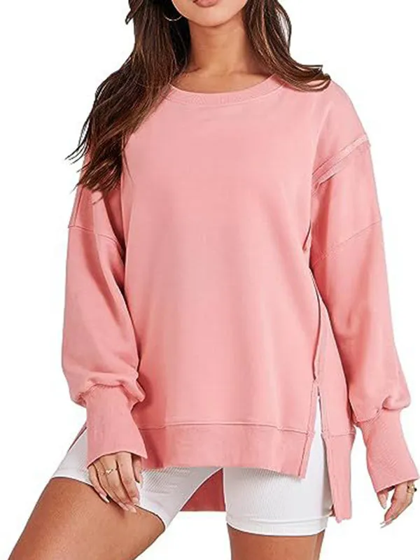 High-Low Long Sleeves Fringed Solid Color Split-Joint Split-Side Round-Neck Sweatershirt