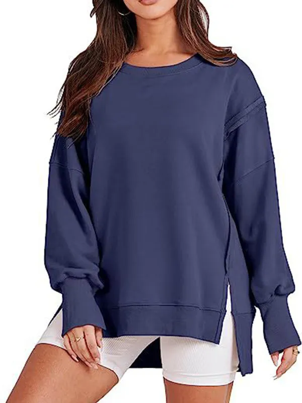 High-Low Long Sleeves Fringed Solid Color Split-Joint Split-Side Round-Neck Sweatershirt