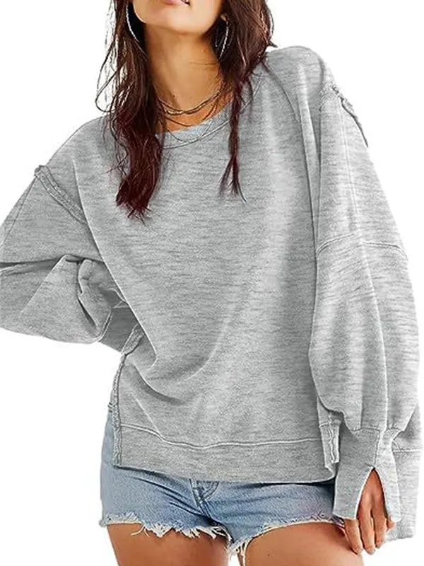 High-Low Long Sleeves Fringed Solid Color Split-Joint Split-Side Round-Neck Sweatershirt