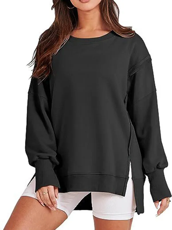 High-Low Long Sleeves Fringed Solid Color Split-Joint Split-Side Round-Neck Sweatershirt