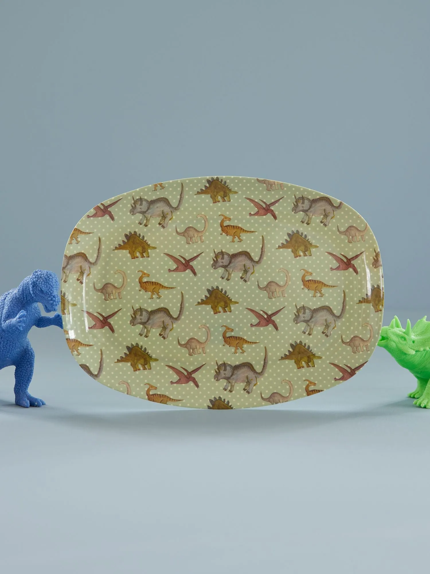 Large Rectangular Kids Plate - Dusty Blue - New Dino Print