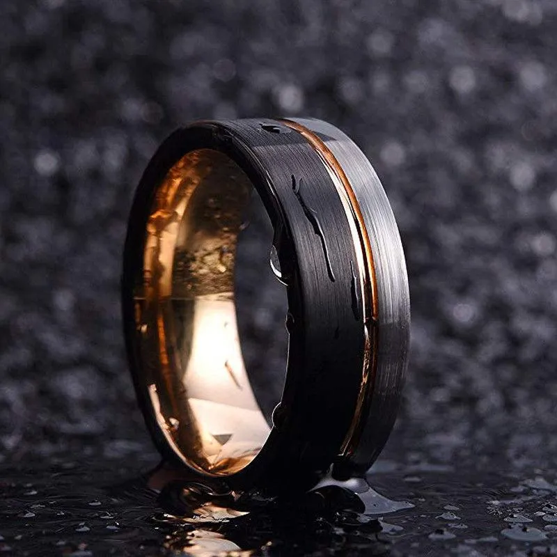 Leonardo Tungsten Carbide & Rose Gold Line Brushed Ring