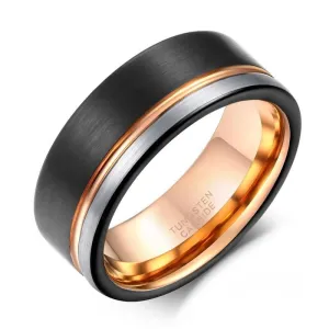 Leonardo Tungsten Carbide & Rose Gold Line Brushed Ring