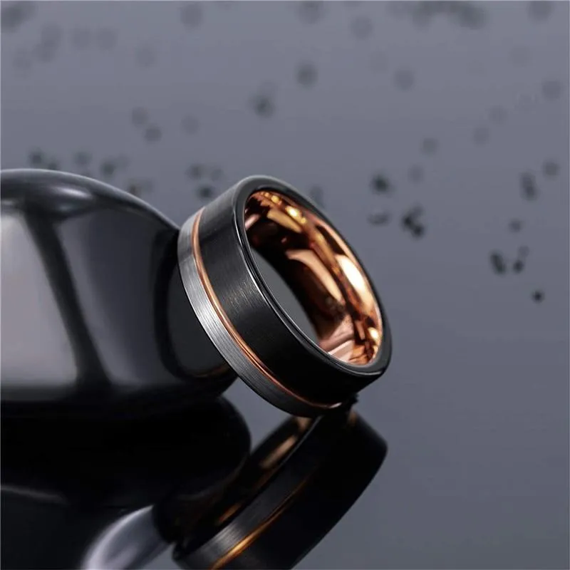 Leonardo Tungsten Carbide & Rose Gold Line Brushed Ring