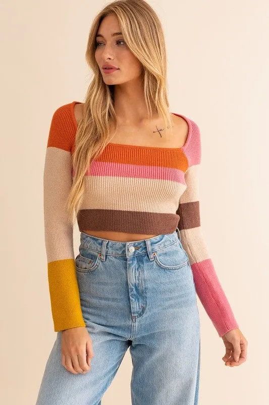 Long Sleeve Color Block Stripe Knit Top *Online Only*