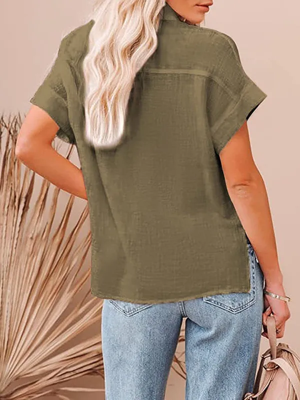 Loose Short Sleeves Pleated Lapel Blouses&Shirts Tops