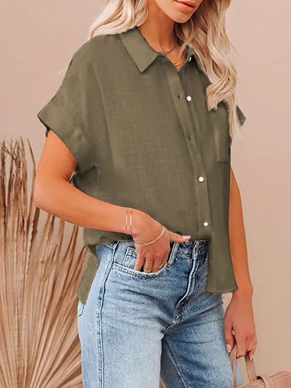 Loose Short Sleeves Pleated Lapel Blouses&Shirts Tops