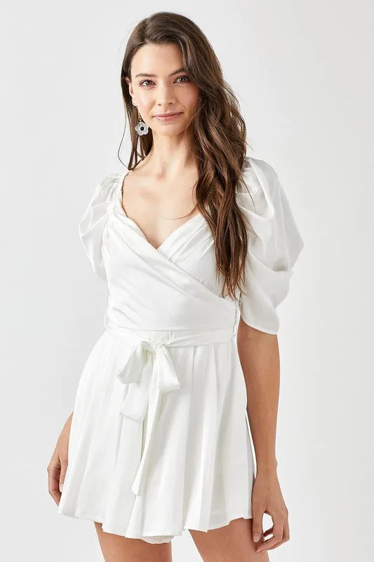 Pleated Puff Sleeve Overwrap Romper  *Online Only*