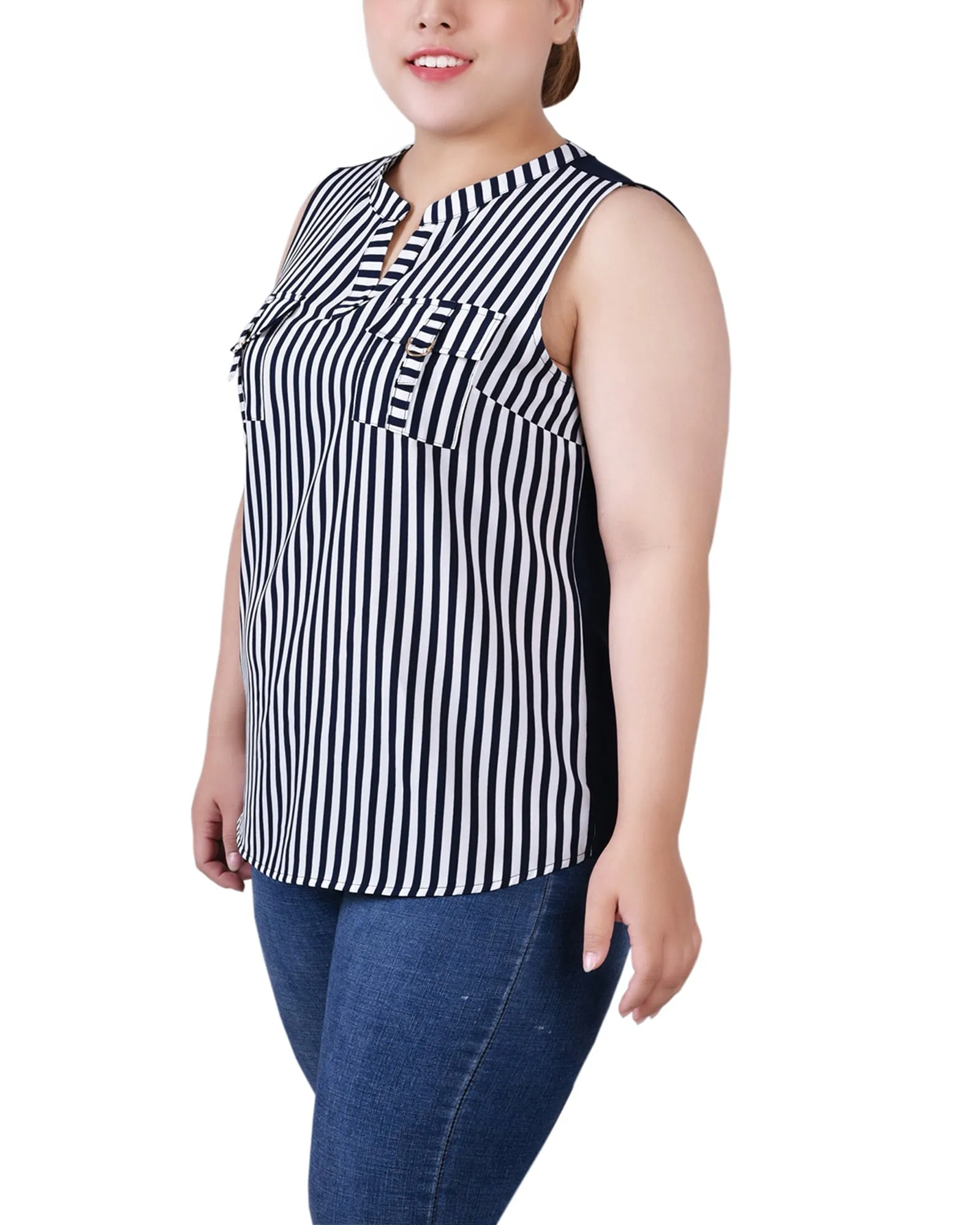 Plus Size Sleeveless Y Neck Combo Blouse