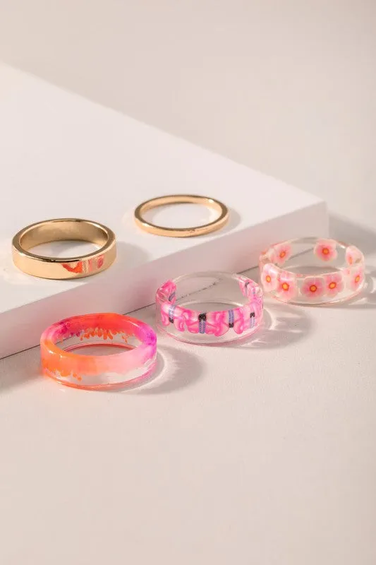 Set of 5 Floral and Butterfly Resin and Gold Fashion Rings - Size 7