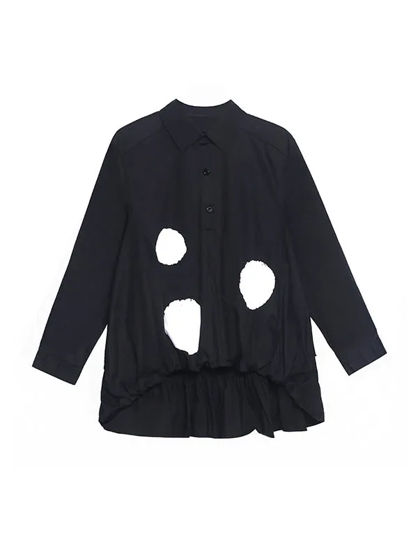 Simple High-Low Black White Polk Dot Printed Blouse