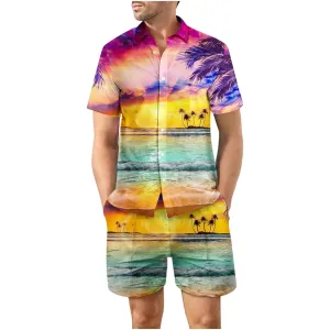 Tropical Sunset Panorama Button Up Short Sleeve and Shorts Loose  Set